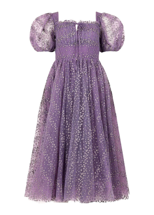 Everbloom Puff Sleeve Midi Dress in Purple